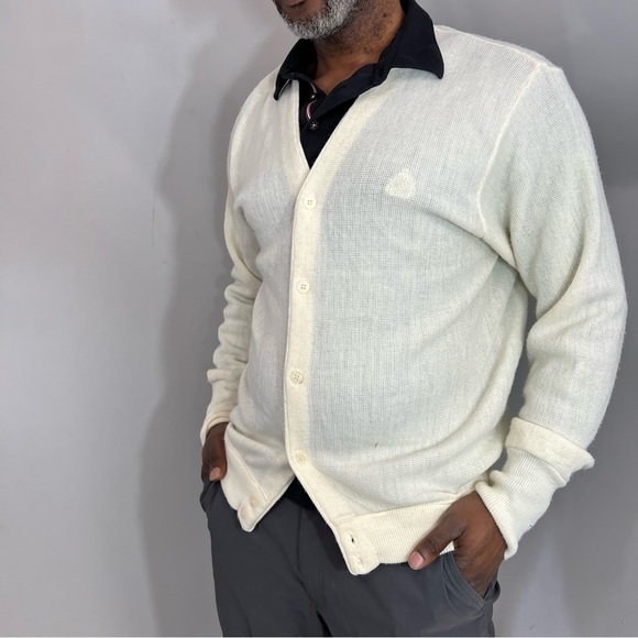 Vintage Izod Neutral Knit Cardigan Classic Stretchy White Sweater Large V Neck - Picture 5 of 14